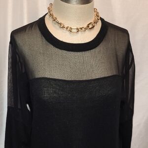 John + Jenn Black Sheer Top with Gold Chain Detail